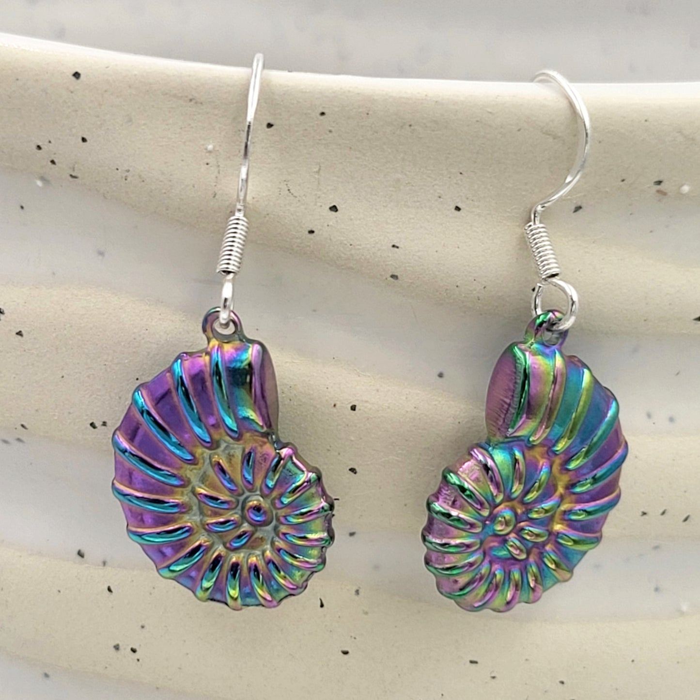 BESHEEK Iridescent Rainbow Spiral Nautilus Dangle Earrings | Hypoallergenic Boho Beach Gala Wedding Style Fashion Earrings