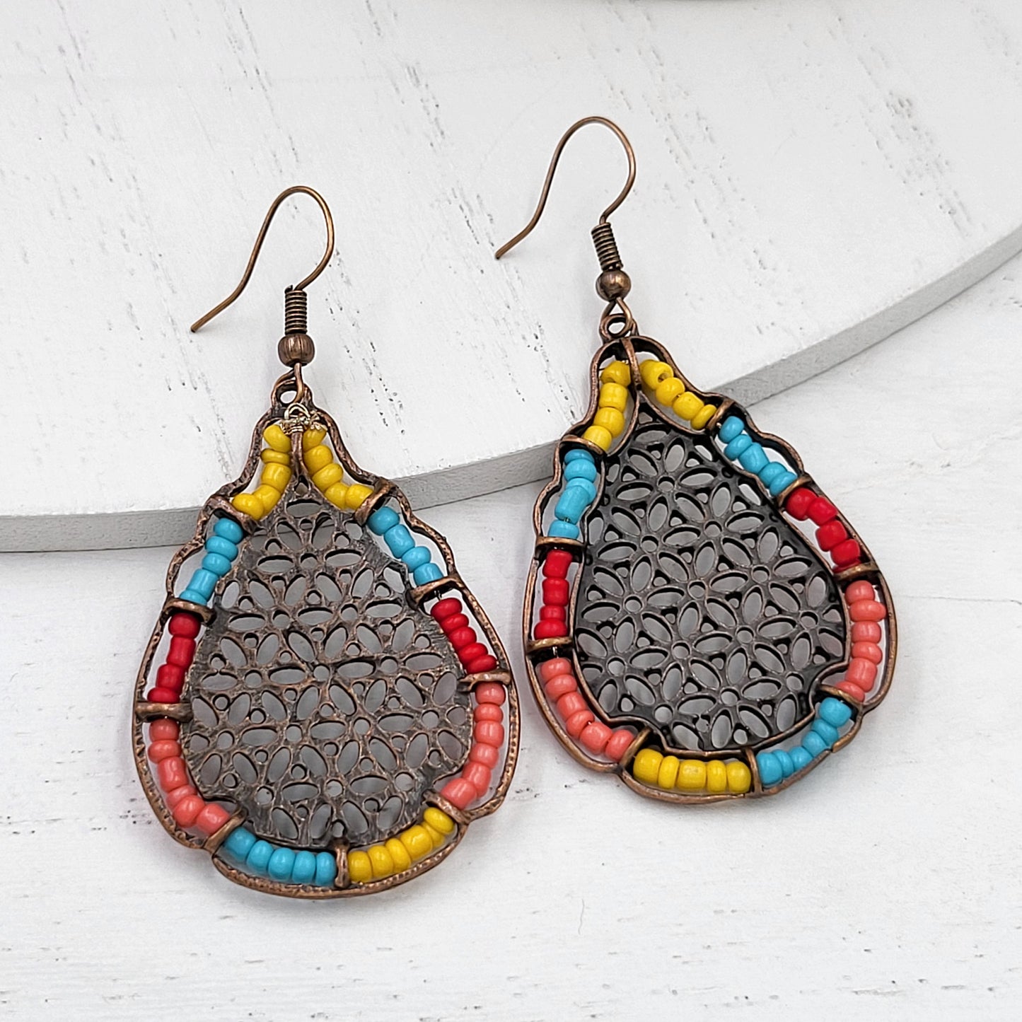 Antiqued Bronze Mayan Beaded Teardrop Earrings