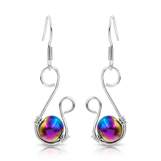 BESHEEK Handmade Sterling Silver Rainbow Hematite Swirl Dangle Earrings | Wire Wrapped Hypoallergenic Boho Beach Gala Wedding Style Fashion Jewelry