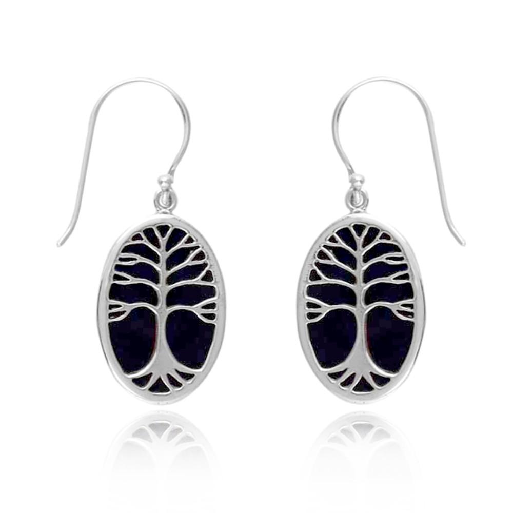 BESHEEK Sterling Silver Onyx and Tree of Life Dangle Earrings | Handmade Hypoallergenic Boho Beach Gala Wedding Style Sterling Earrings