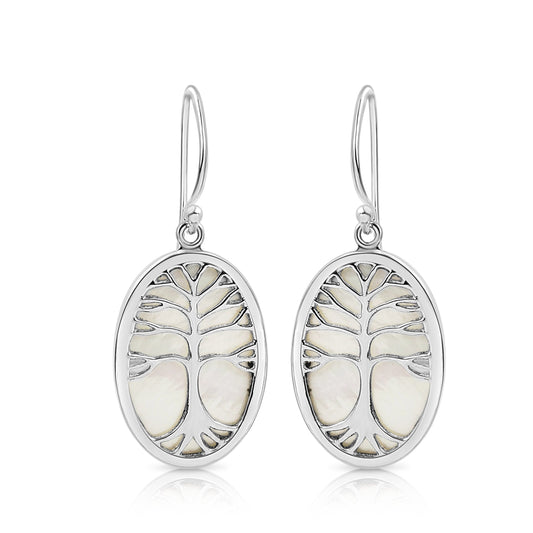 BESHEEK Sterling Silver Mother of Pearl and Tree of Life Dangle Earrings | Handmade Hypoallergenic Boho Beach Gala Wedding Style Sterling Earrings