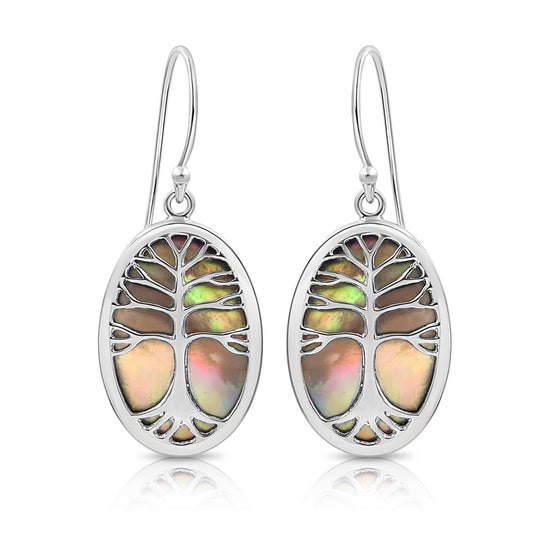 BESHEEK Sterling Silver Tan Shell and Tree of Life Dangle Earrings | Handmade Hypoallergenic Boho Beach Gala Wedding Style Sterling Earrings
