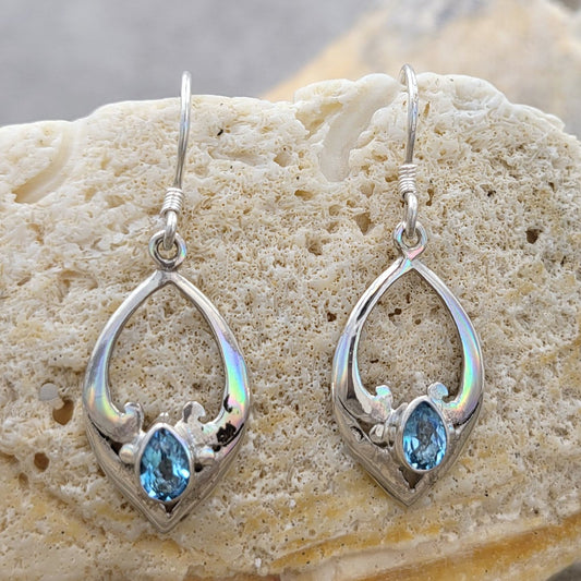 BESHEEK Sterling Silver and Blue Topaz Marquis Dangle Earrings | Handmade Hypoallergenic Boho Beach Gala Wedding Style Sterling Earrings