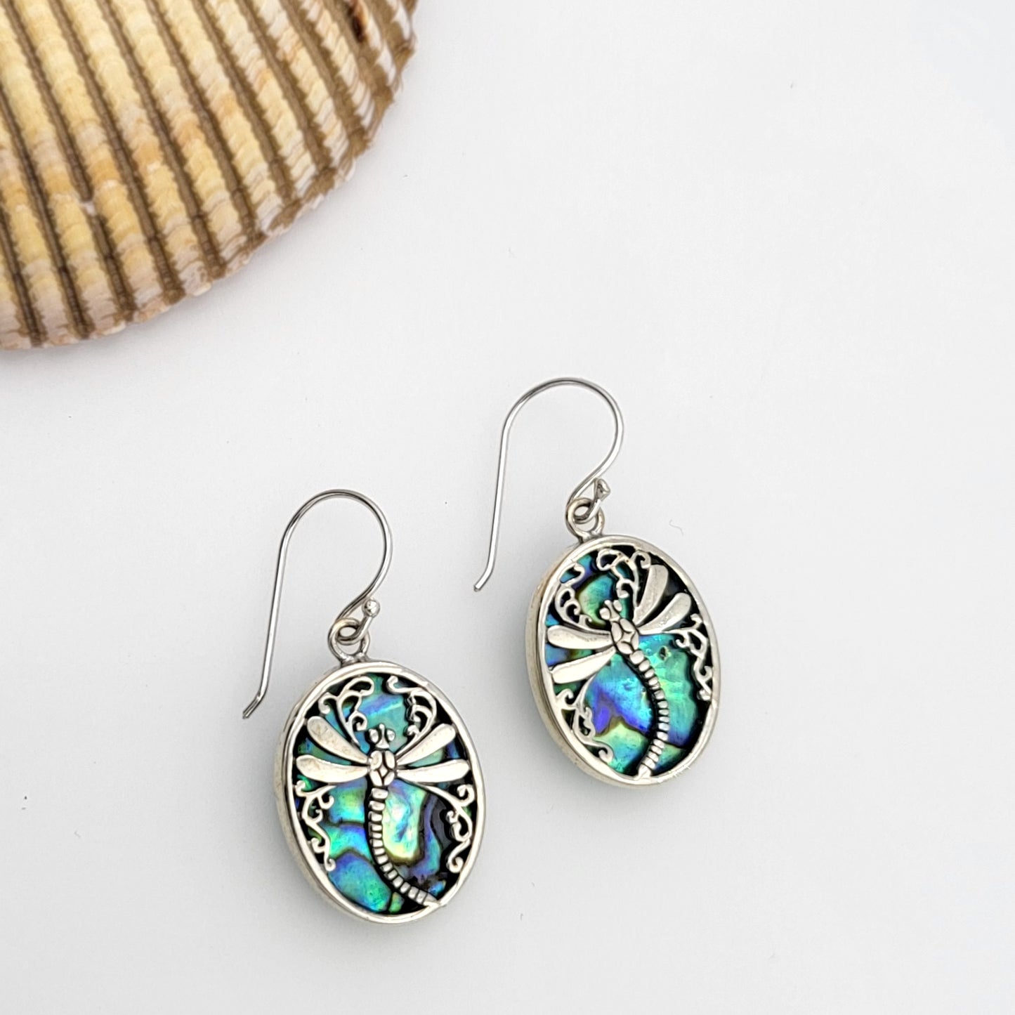 Sterling Silver and Abalone Dragonfly Oval Dangle Earrings | Handmade Hypoallergenic Boho Beach Gala Wedding Style Sterling Earrings