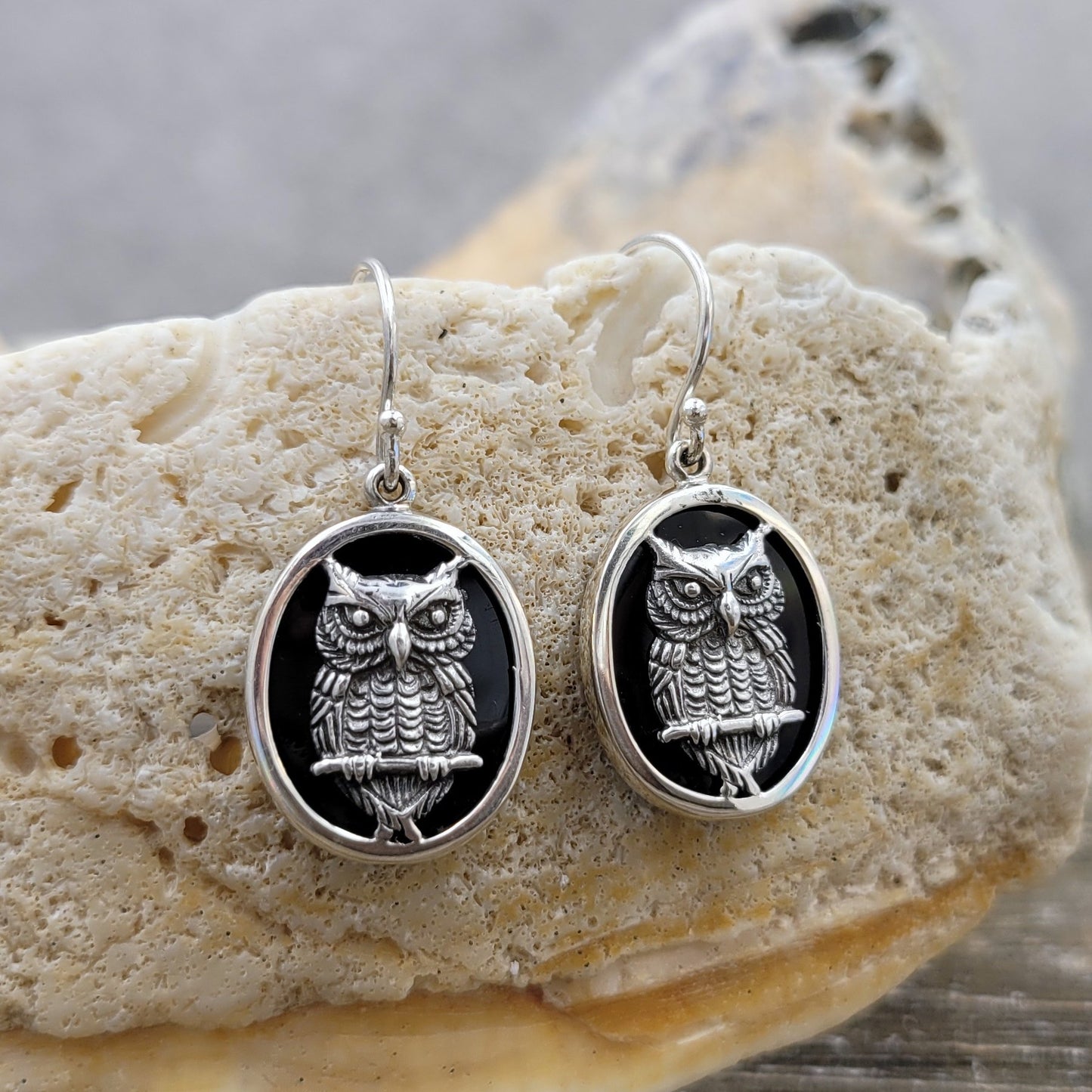 BESHEEK Sterling Silver and Onyx Wise Owl Oval Drop Earrings | Handmade Hypoallergenic Boho Beach Gala Wedding Style Sterling Earrings