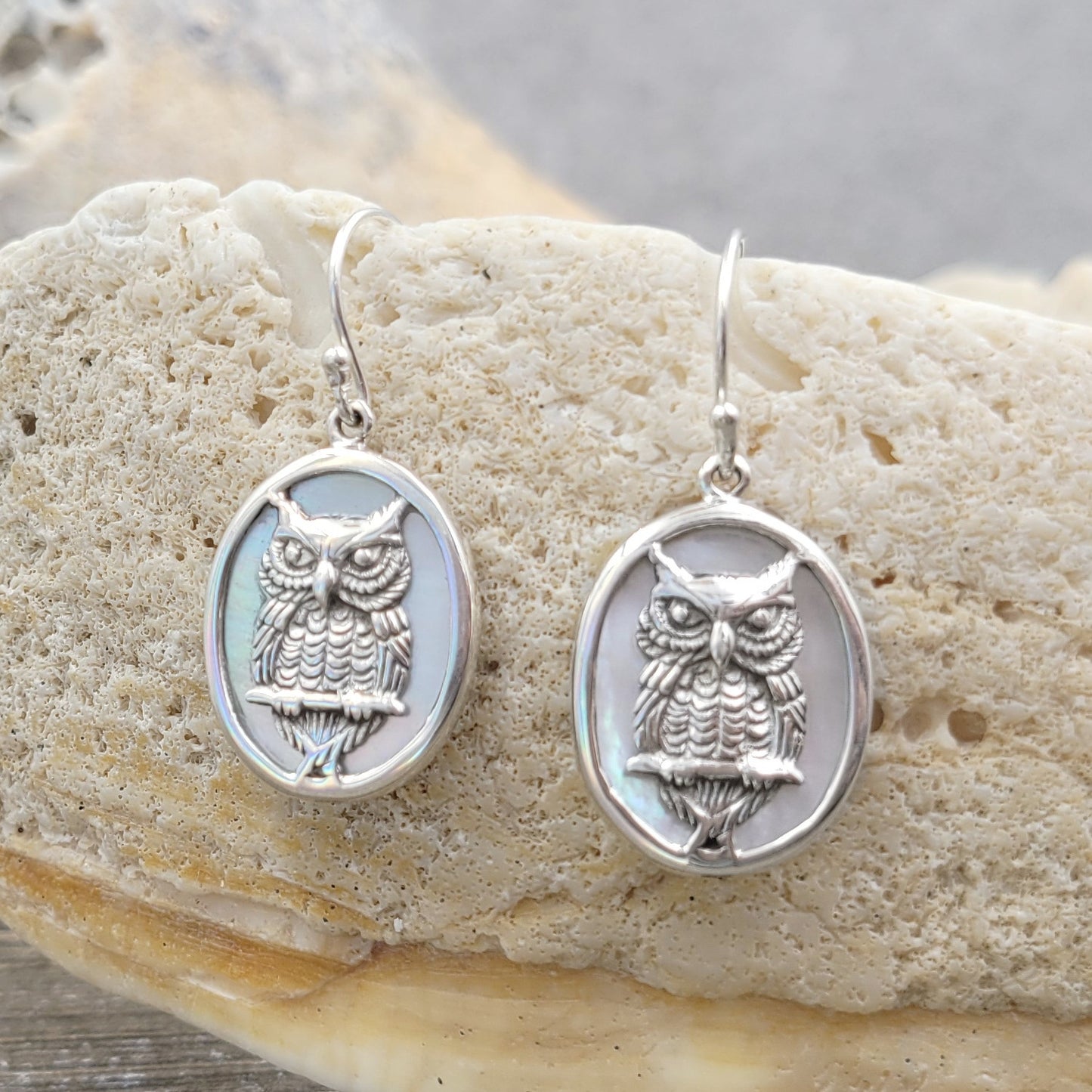 BESHEEK Sterling Silver and Mother of Pearl Wise Owl Oval Drop Earrings | Handmade Hypoallergenic Boho Beach Gala Wedding Style Sterling Earrings