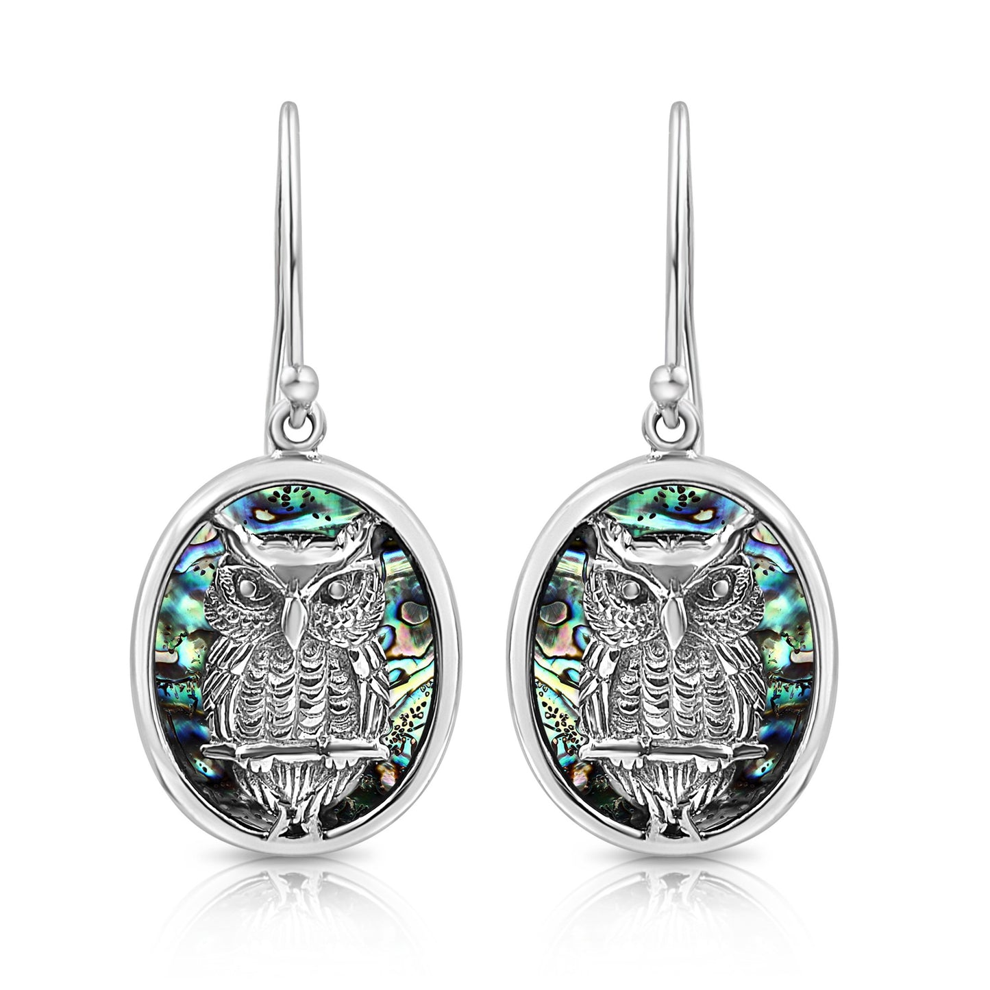 BESHEEK Sterling Silver and Paua Shell Wise Owl Oval Drop Earrings | Handmade Hypoallergenic Boho Beach Gala Wedding Style Sterling Earrings