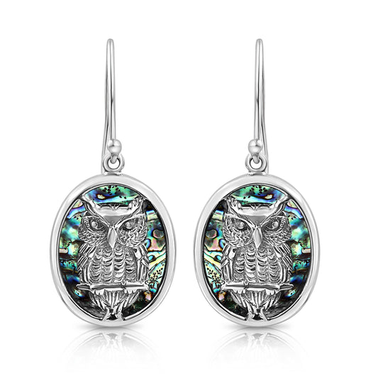 BESHEEK Sterling Silver and Paua Shell Wise Owl Oval Drop Earrings | Handmade Hypoallergenic Boho Beach Gala Wedding Style Sterling Earrings