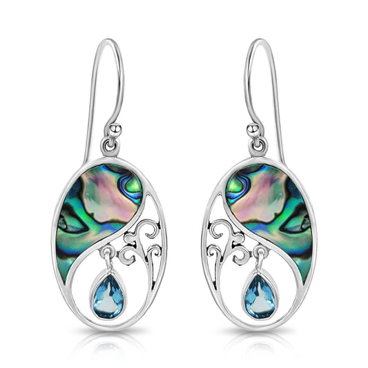 BESHEEK Sterling Silver and Blue Topaz Abalone Shell Oval Teardrop Earrings | Handmade Hypoallergenic Boho Beach Gala Wedding Style Sterling Earrings