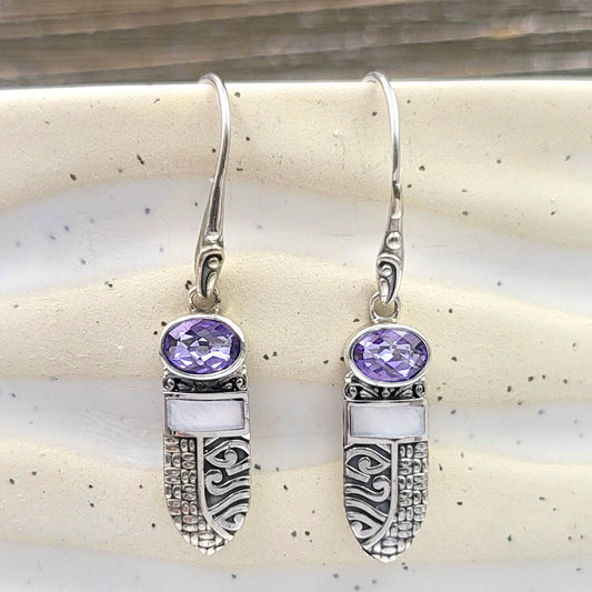 Sterling Silver and Gemstone Egyptian Scroll Mother of Pearl Dangle Earrings