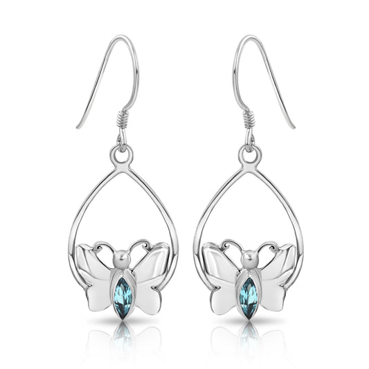 Sterling Silver and Blue Topaz Butterfly Drop Dangle Earrings | Handmade Hypoallergenic Boho Beach Gala Wedding Style Sterling Earrings