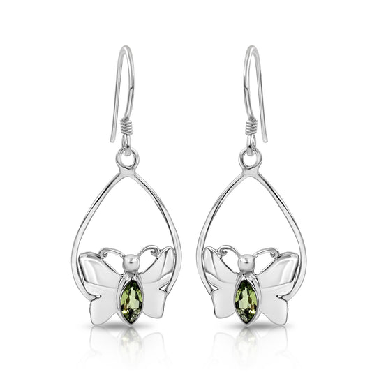 BESHEEK Sterling Silver and Peridot Butterfly Drop Earrings | Handmade Hypoallergenic Boho Beach Gala Wedding Style Sterling Earrings