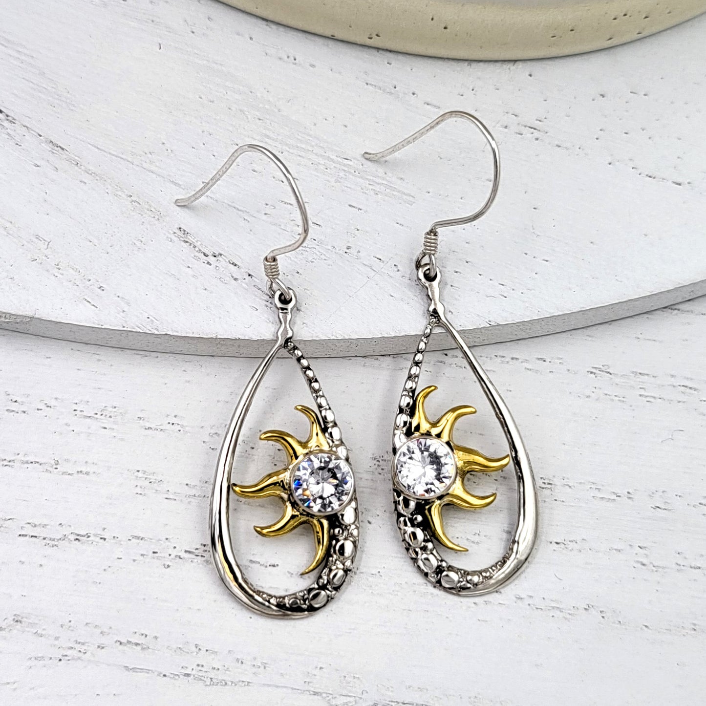 Sterling Silver, 14 Gold Plate and Cubic Zirconia Sunrise Earrings