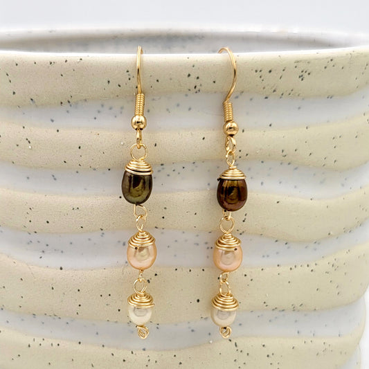 BESHEEK Handmade Goldtone Tri-Tone Freshwater Pearl Earrings Dangle Earrings | Hypoallergenic Boho Beach Gala Wedding Style Fashion Earrings