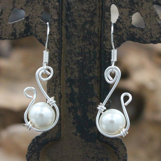BESHEEK Handmade Imitation Pearl & Sterling Silver Swirl Drop Earrings | Handmade Hypoallergenic Boho Beach Gala Wedding Style Sterling Earrings