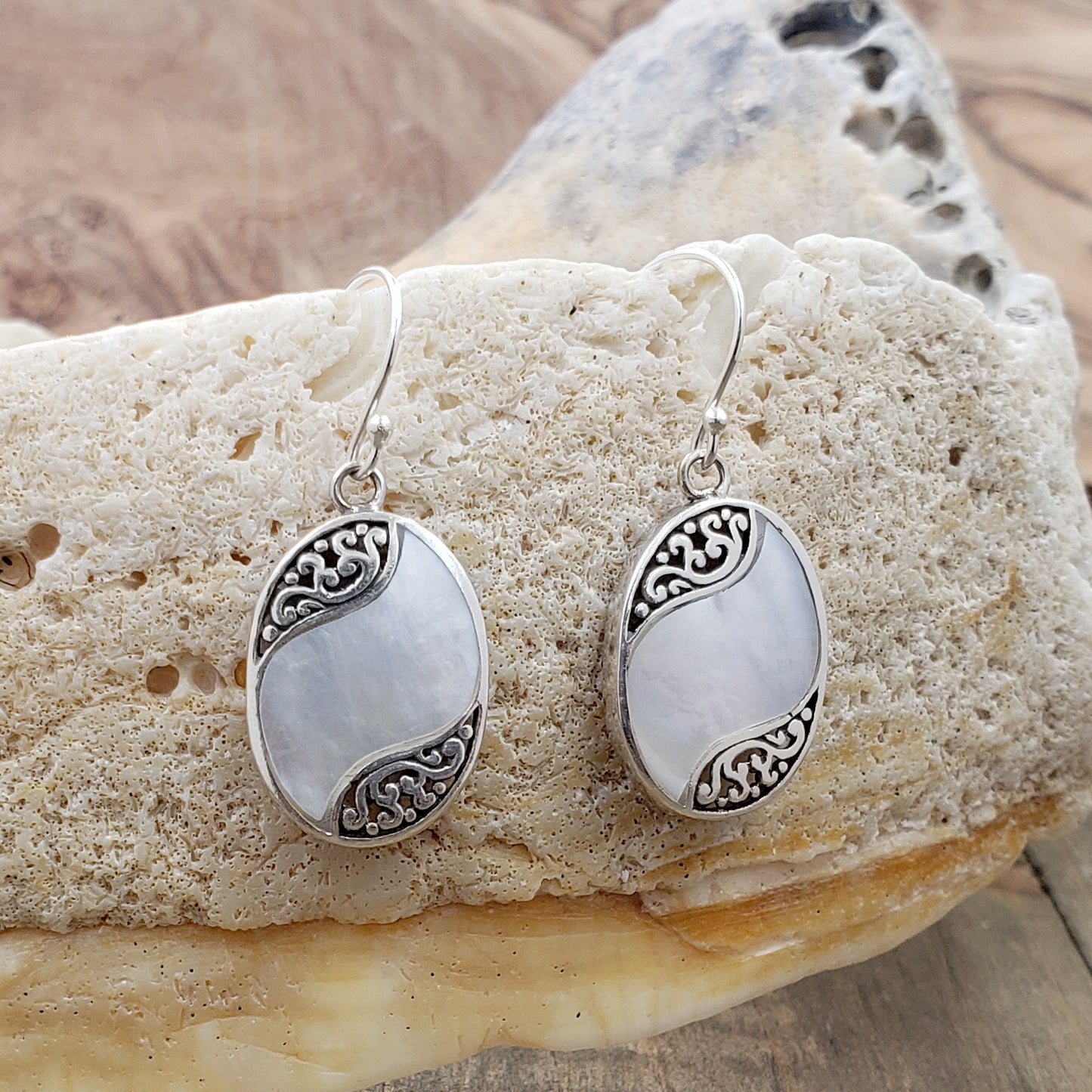 Sterling Silver and Mother of Pearl Shell Oval Drop Earrings