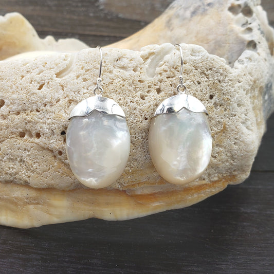 BESHEEK Sterling Silver and Mother of Pearl Oval Dangle Earrings | Handmade Hypoallergenic Boho Beach Gala Wedding Style Sterling Earrings