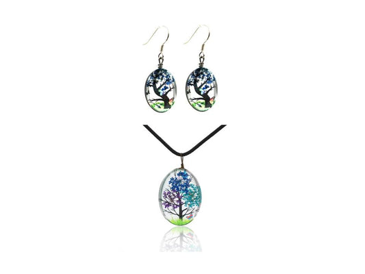 Blue and Purple blossom tree Glass Pendant and Earrings Necklace Set