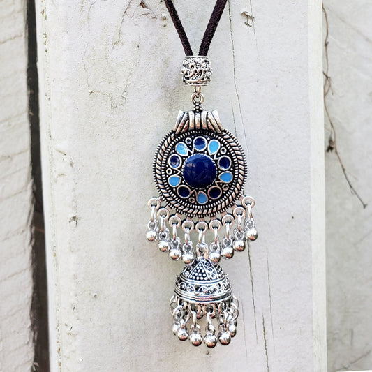 Blue & Silvertone Boho Chandelier Trinity Long Suede Leather Necklace