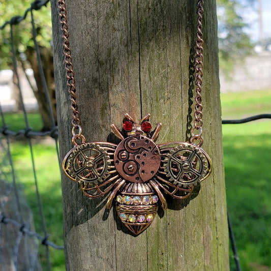 Steampunk Antique Copper and Rhinestone Bumble Bee Gear Pendant Necklace