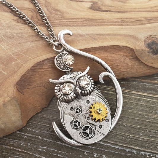 Silvertone Steampunk Antique Silver Owl Moon Gear Pendant Necklace