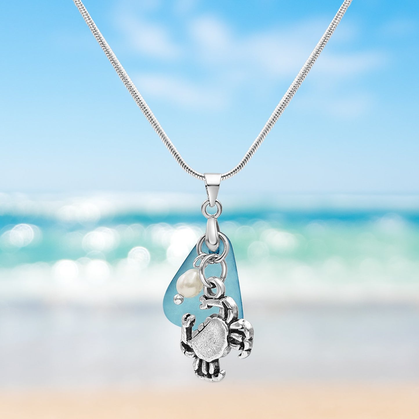 Blue Sea Glass and Crab Necklace