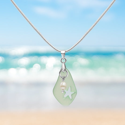 Mint Green Sea Glass and Freshwater Pearl Necklace
