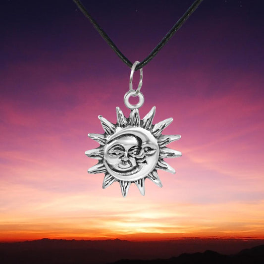 Silvertone Sun and Moonface Pendant Necklace