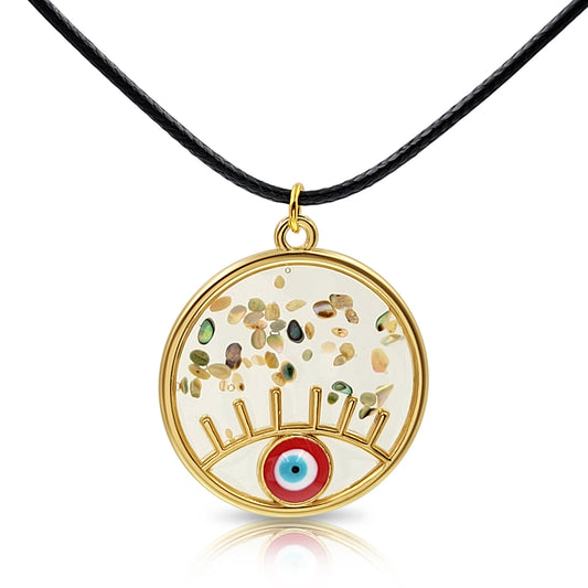BESHEEK Goldtone & Resin Red Evil Eye Circle Pendant Necklace? Handmade Hypoallergenic Boho Beach Gala Wedding Style Fashion Jewelry