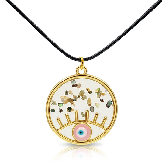 BESHEEK Goldtone & Resin Pink Evil Eye Circle Pendant Necklace? Handmade Hypoallergenic Boho Beach Gala Wedding Style Fashion Jewelry