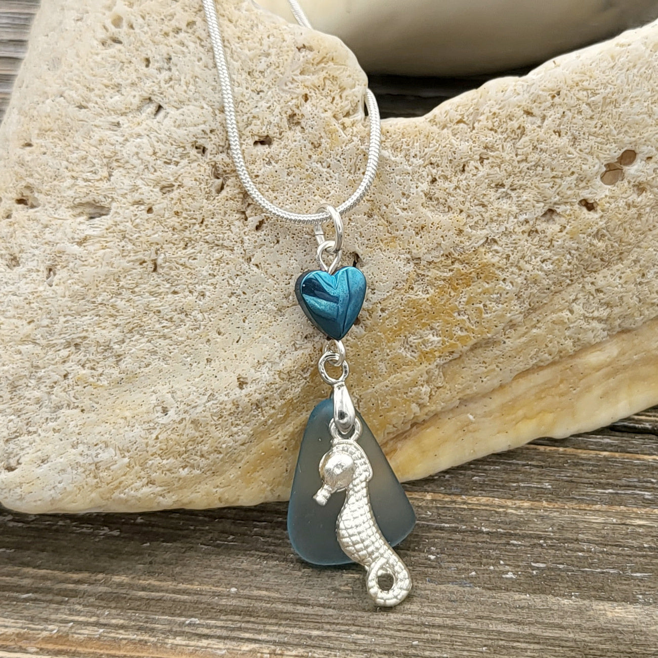 BESHEEK Aqua Blue Seaglass, hematite Heart and Seahorse Pendant Necklace. ? Handmade Hypoallergenic Boho Beach Gala Wedding Style Fashion Jewelry