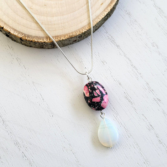 BESHEEK Opalite Moonstone and Pink Reconstituted Turquoise Pendant Necklace? Handmade Hypoallergenic Boho Beach Gala Wedding Style Fashion Jewelry