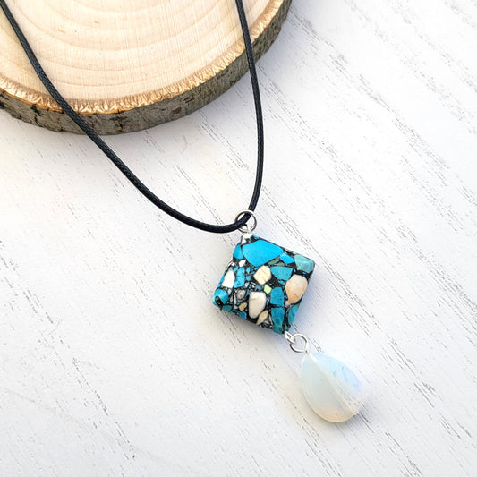 BESHEEK Opalite Moonstone and Blue Reconstituted Turquoise Pendant Necklace? Handmade Hypoallergenic Boho Beach Gala Wedding Style Fashion Jewelry