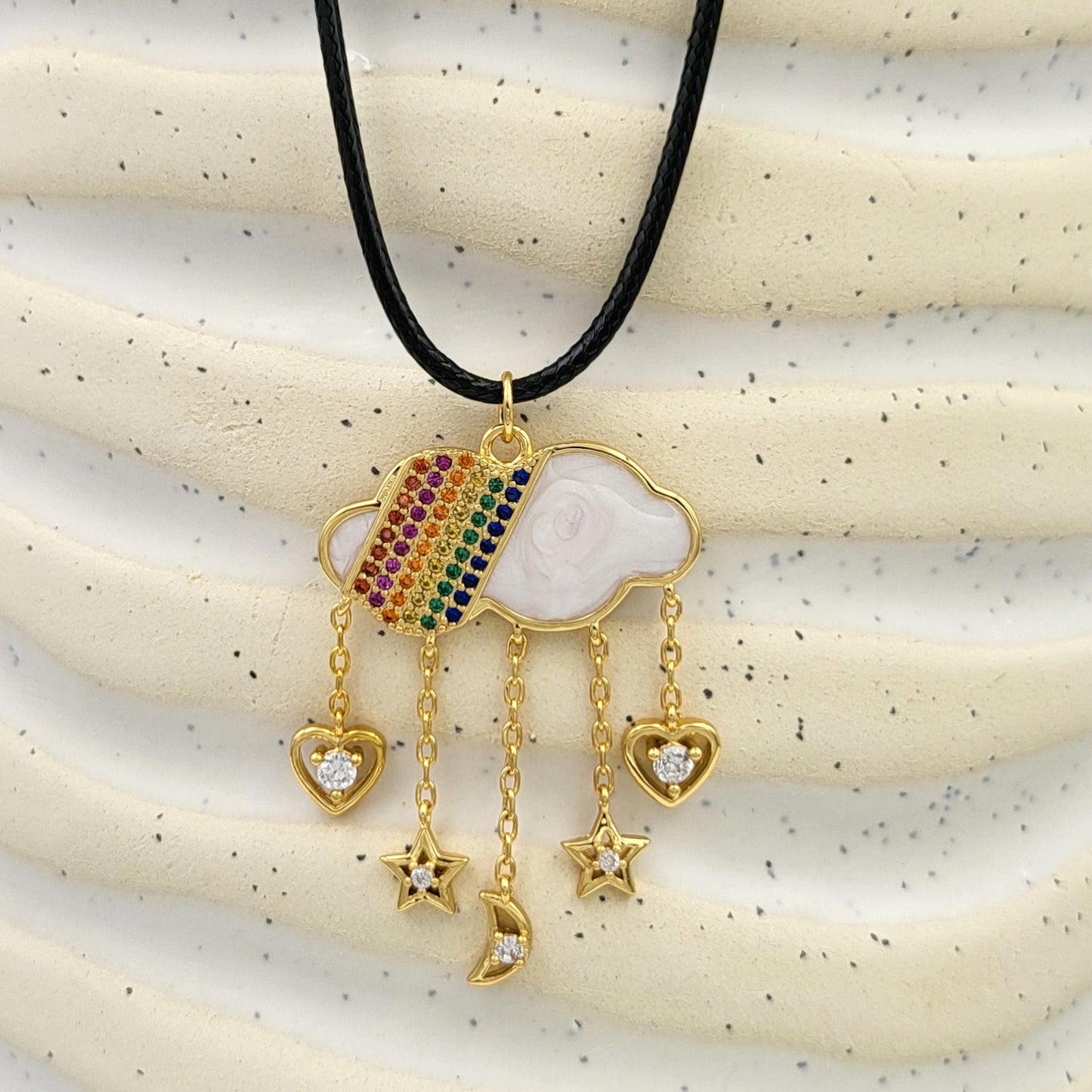 BESHEEK Goldtone Rainbow Micropaved Rhinestone Rain cloud Necklace Pendant | Hypoallergenic Boho Kitchsy Artistic Weather Cute Style Fashion Necklace