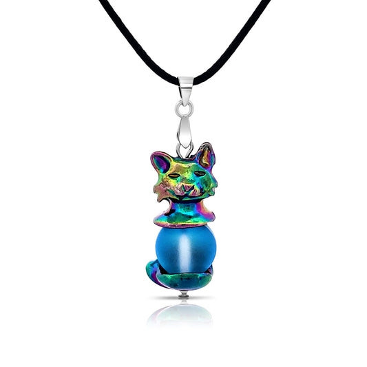 BESHEEK Rainbow Electroplate and Blue Mermaid Glass Pendant Necklace | Hypoallergenic Boho Kitchsy Artistic Animal Cute Style Fashion Necklace