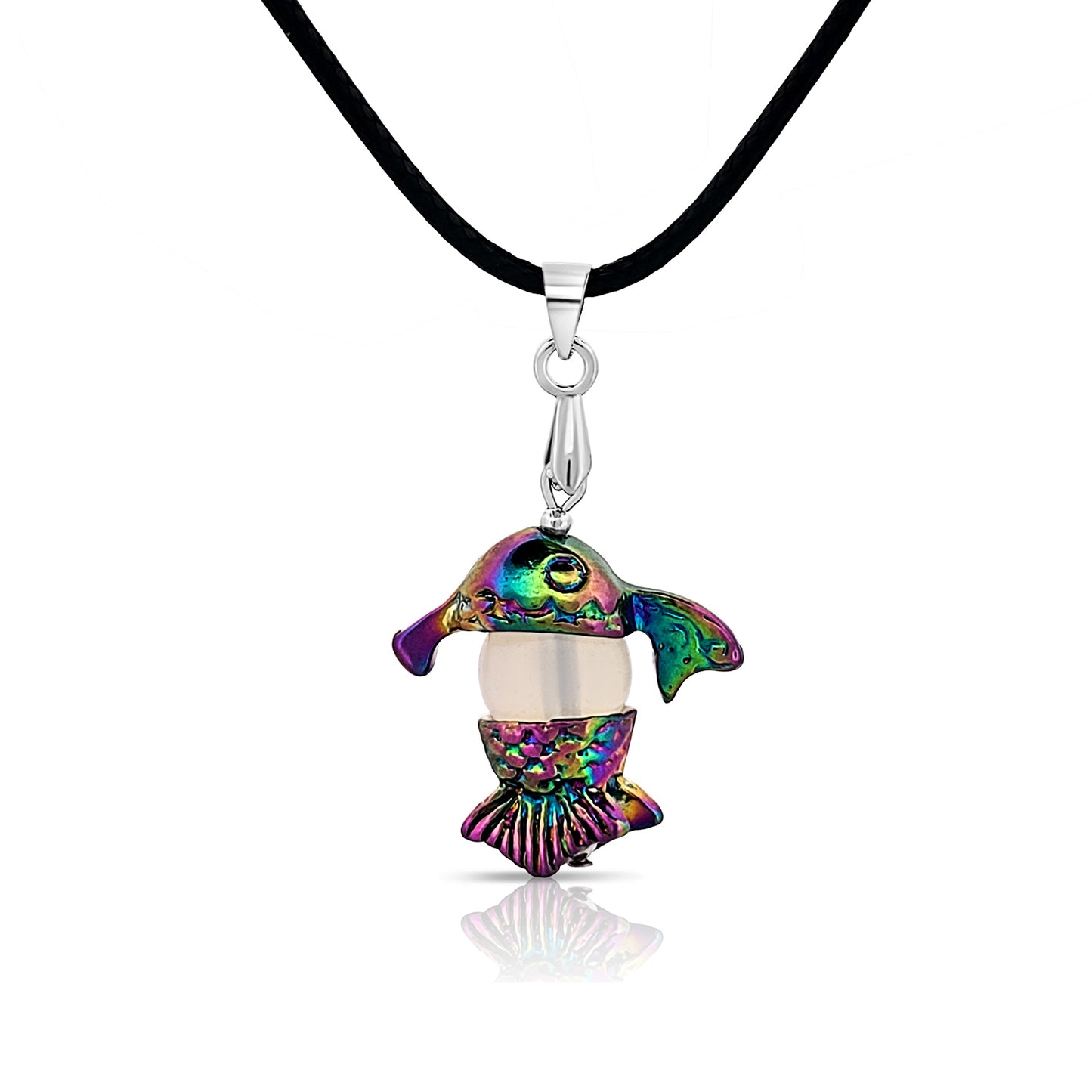 BESHEEK Rainbow Electroplate and Opalite Fish Dangle Pendant Necklace | Hypoallergenic Boho Kitchsy Artistic Animal Cute Style Fashion Necklace
