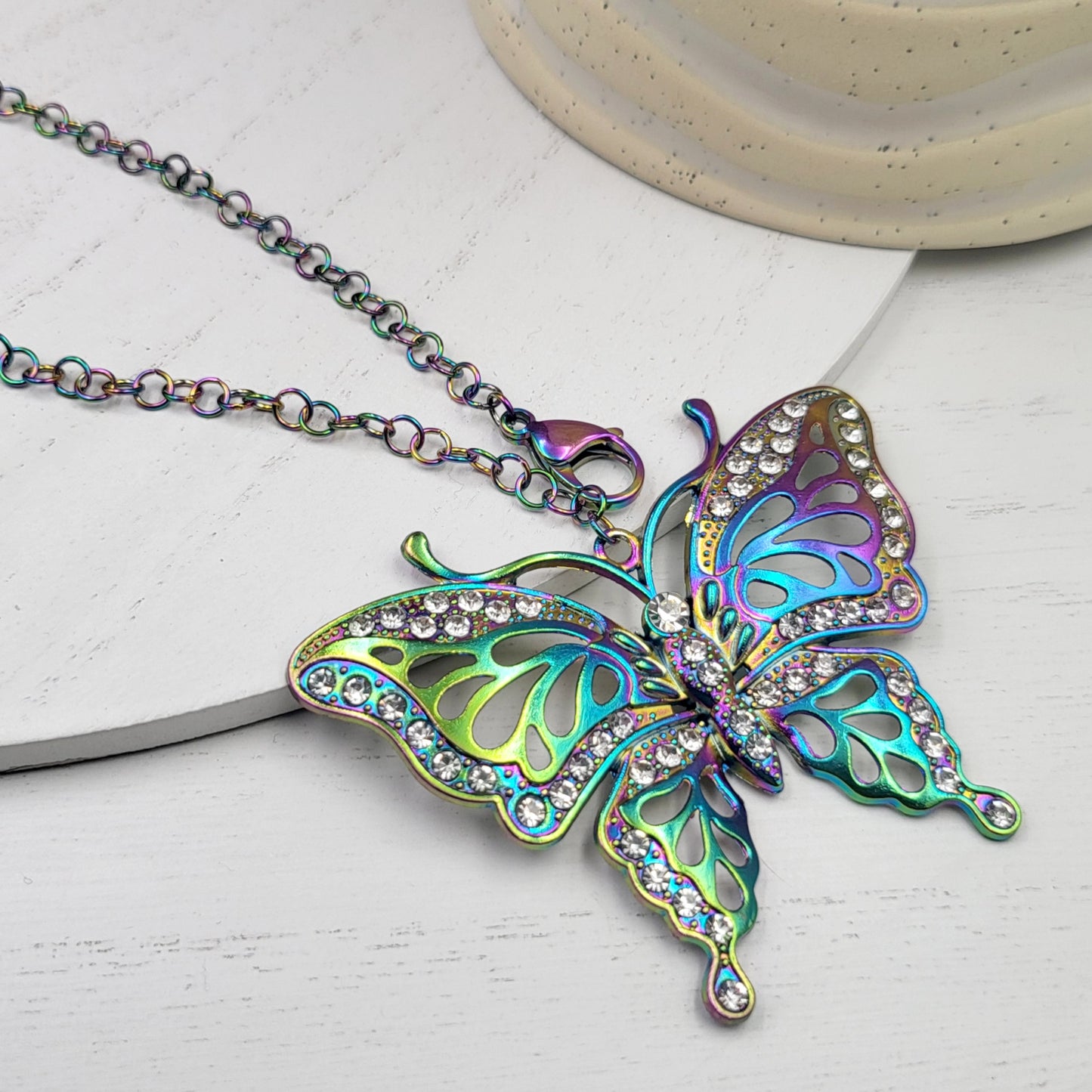 Rainbow Electroplate Stainless Steel Butterfly Lariat Necklace