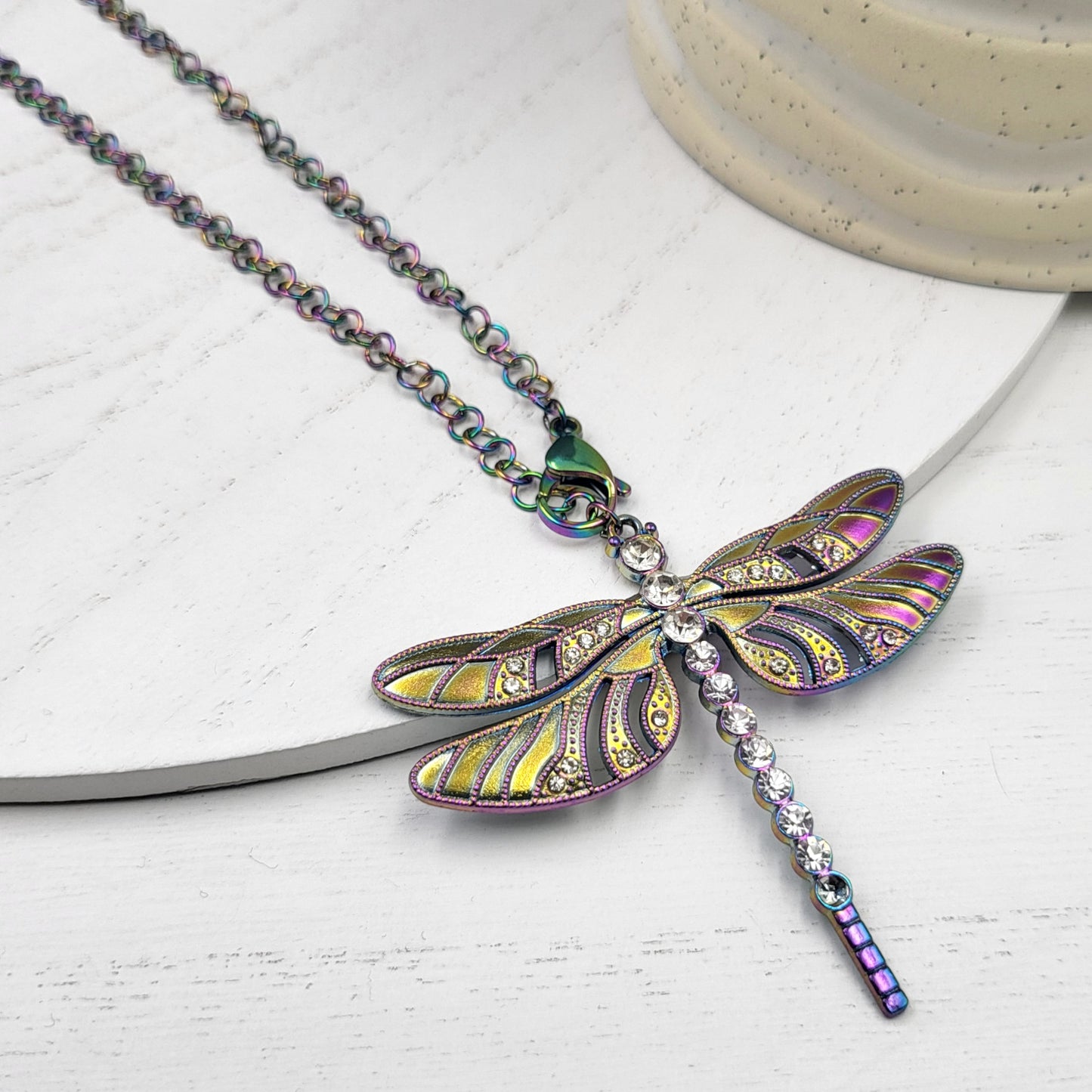 Rainbow Electroplate Stainless Steel Rhinestone Dragonfly Lariat Necklace