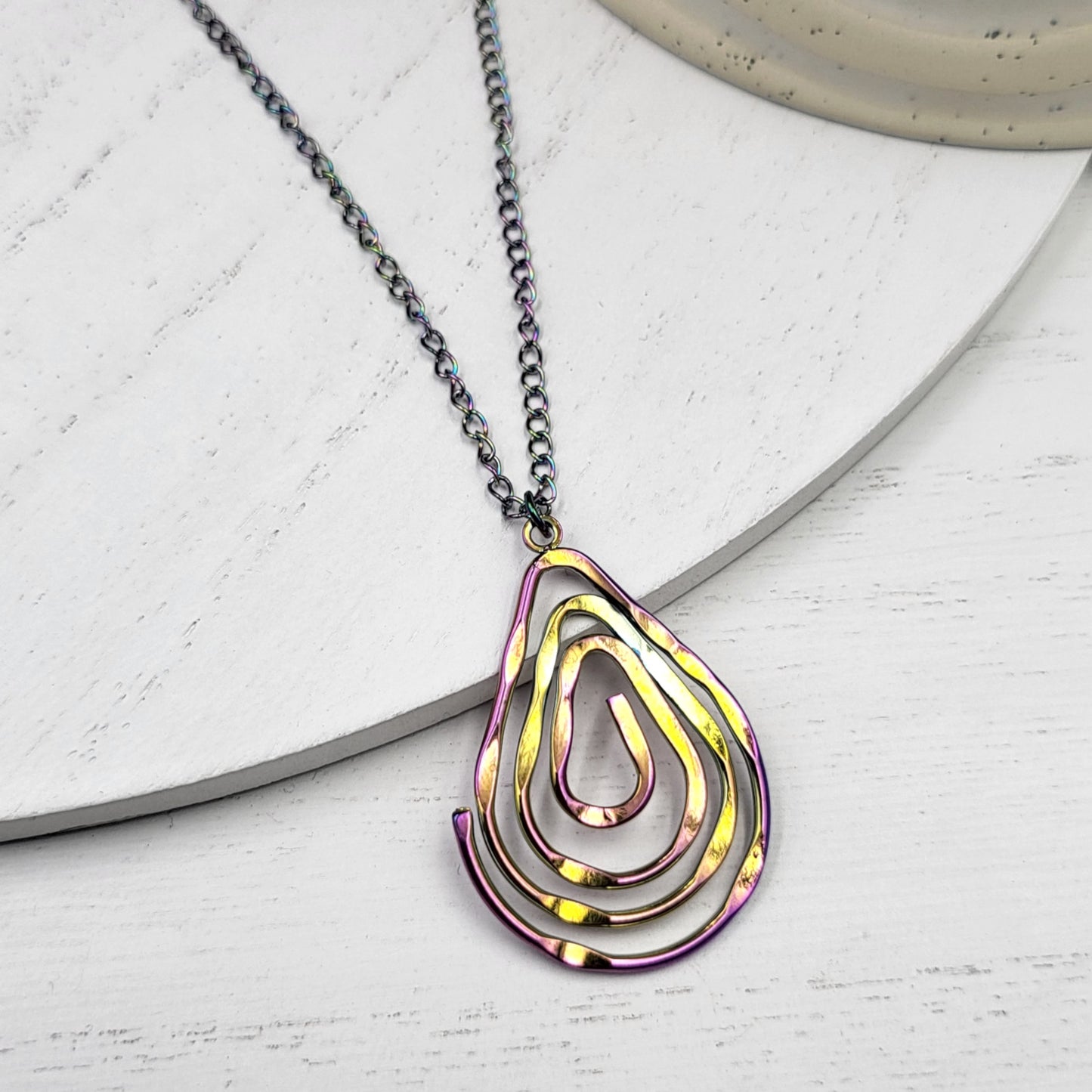 Rainbow Electroplate Stainless Steel Spiral Teardrop Necklace