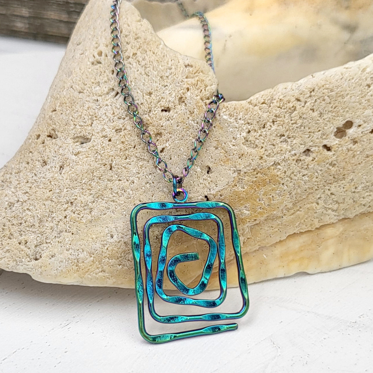 Rainbow Electroplate Stainless Steel Spiral Rectangle Necklace