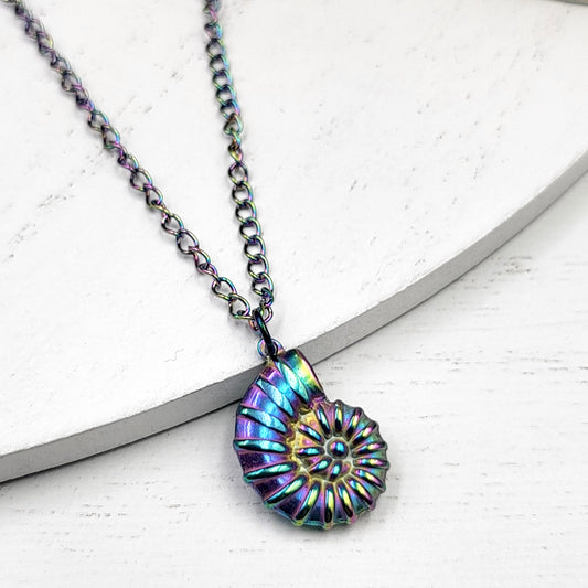 Rainbow Electroplate Stainless Steel Spiral Sea Beach Conch Necklace Pendant. Tier#