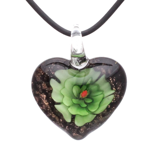 Glass Black and Green Carnation Flower Heart Pendant Necklace