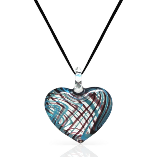 Glass Purple and Blue Stripe Swirl Heart Pendant Necklace