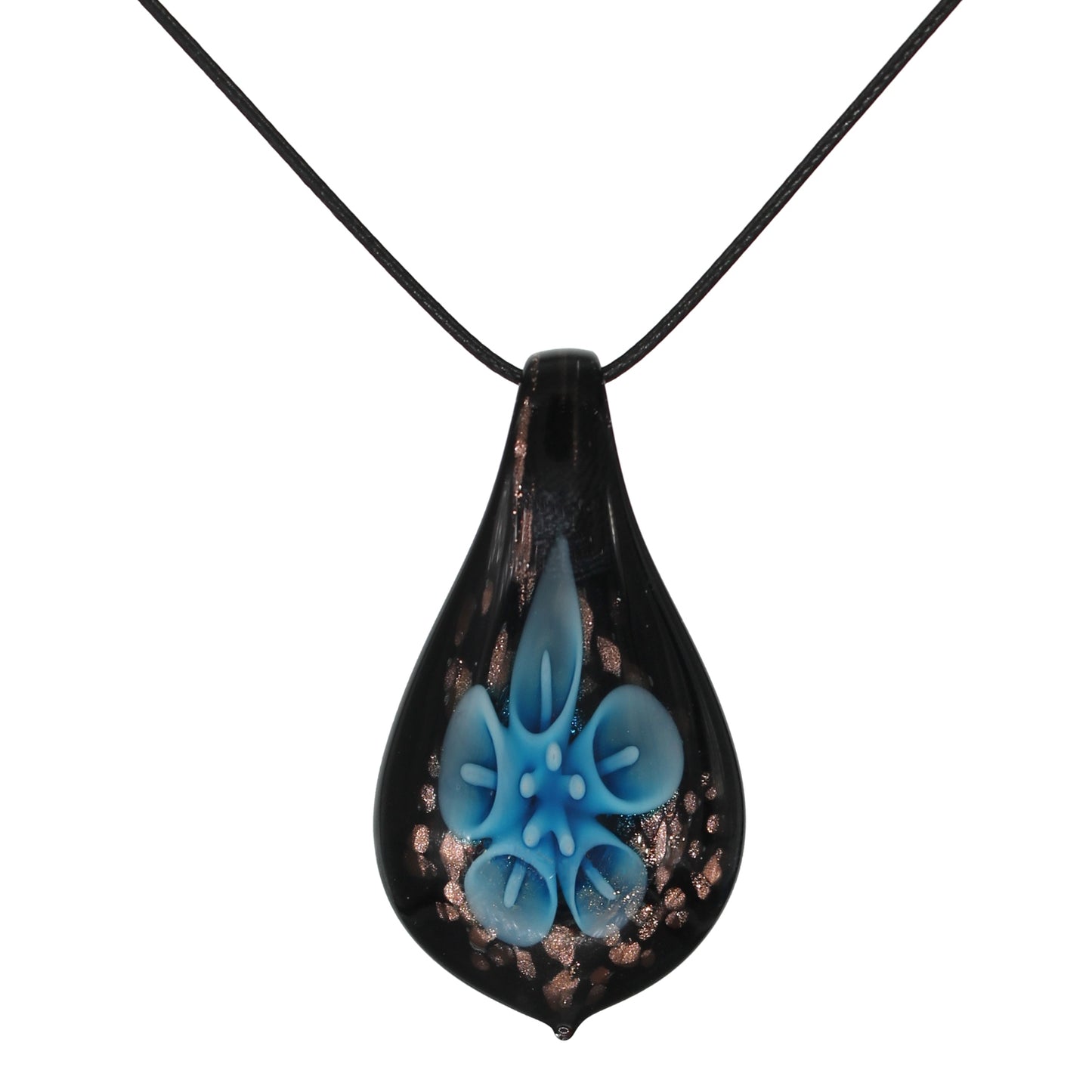 Glass Black and Blue Lily Flower Teardrop Pendant Necklace
