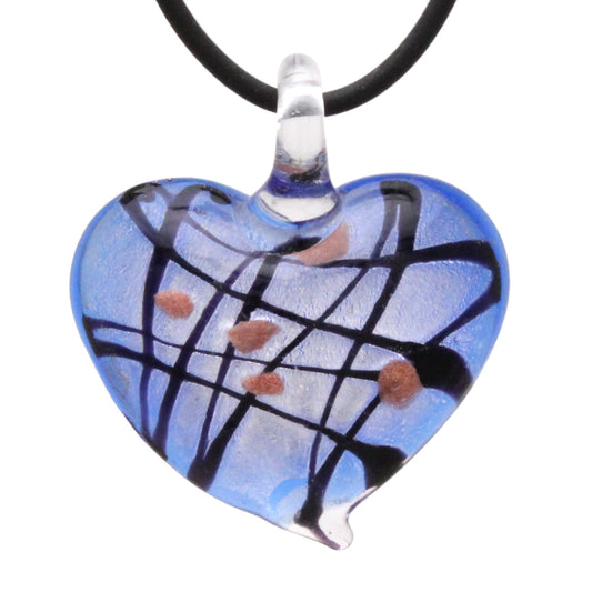 Glass Blue and Black Foil Striped Heart Pendant Necklace