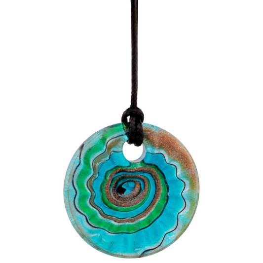Glass Blue and Green Swirl Circle Pendant Necklace
