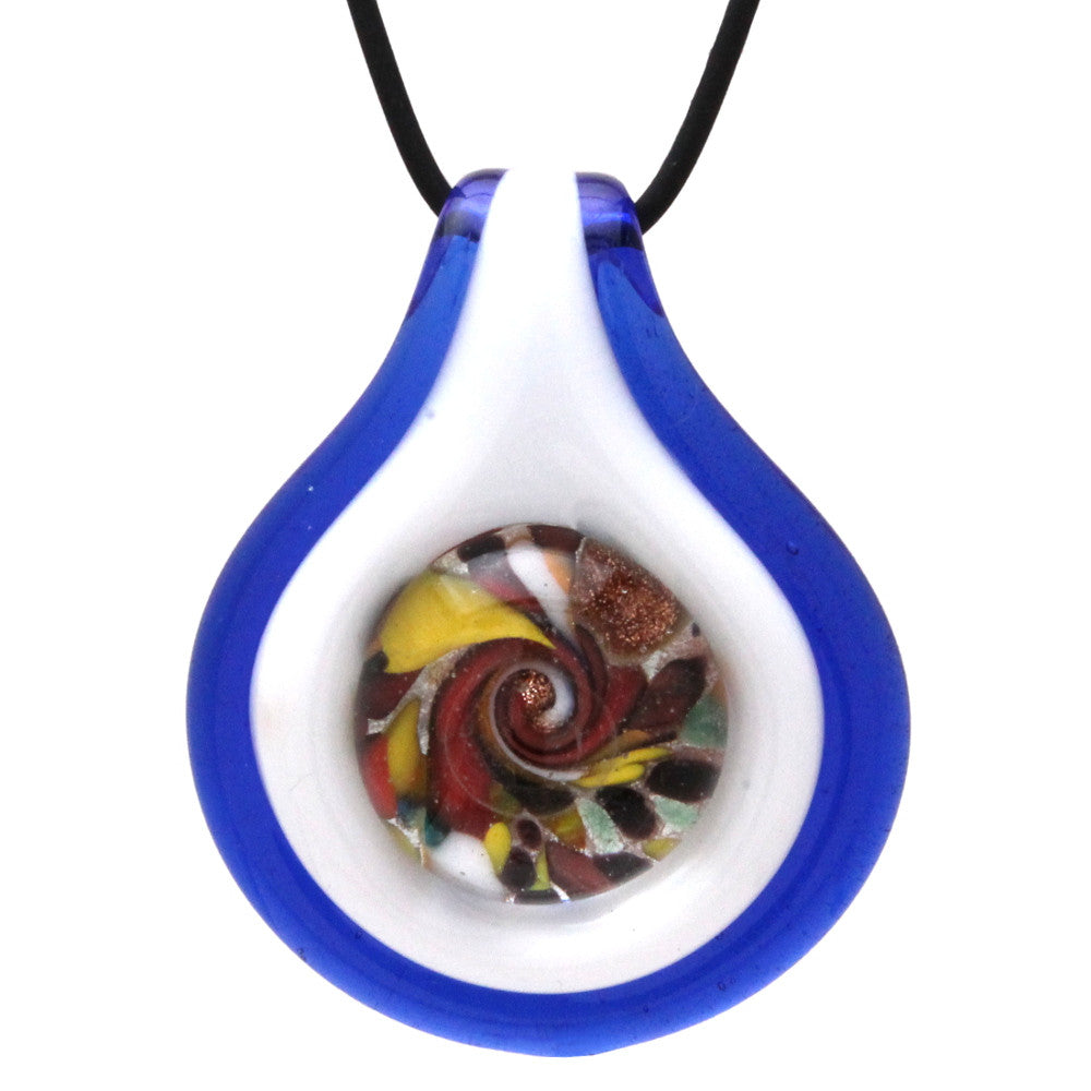 BESHEEK Handmade Murano Inspired Blown Glass Lampwork Art Blue and White Teardrop Button Necklace Pendant ? Handcrafted Artisan Hypoallergenic Italian Style Jewelry