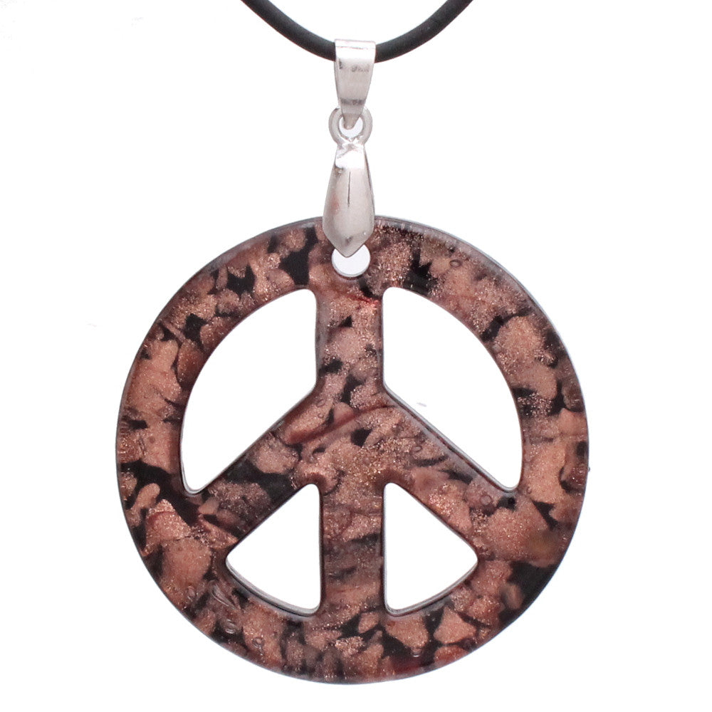 BESHEEK Handmade Murano Inspired Blown Glass Lampwork Art Black and Gold Peace Sign Necklace Pendant ? Handcrafted Artisan Hypoallergenic Italian Style Jewelry