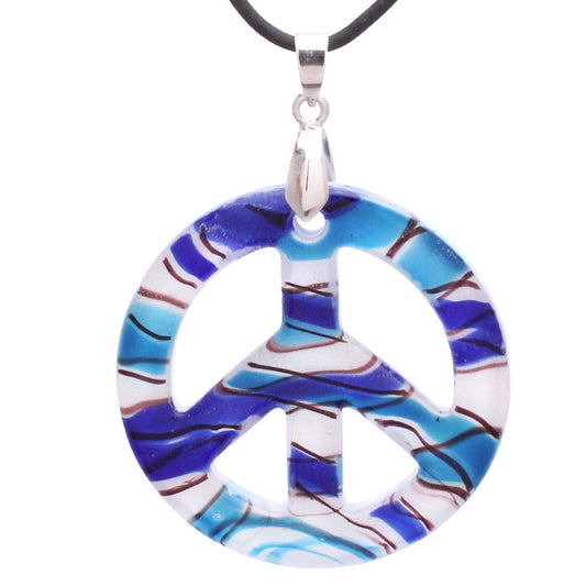 BESHEEK Handmade Murano Inspired Blown Glass Lampwork Art Blue and White Ocean Peace Sign Necklace Pendant ? Handcrafted Artisan Hypoallergenic Italian Style Jewelry
