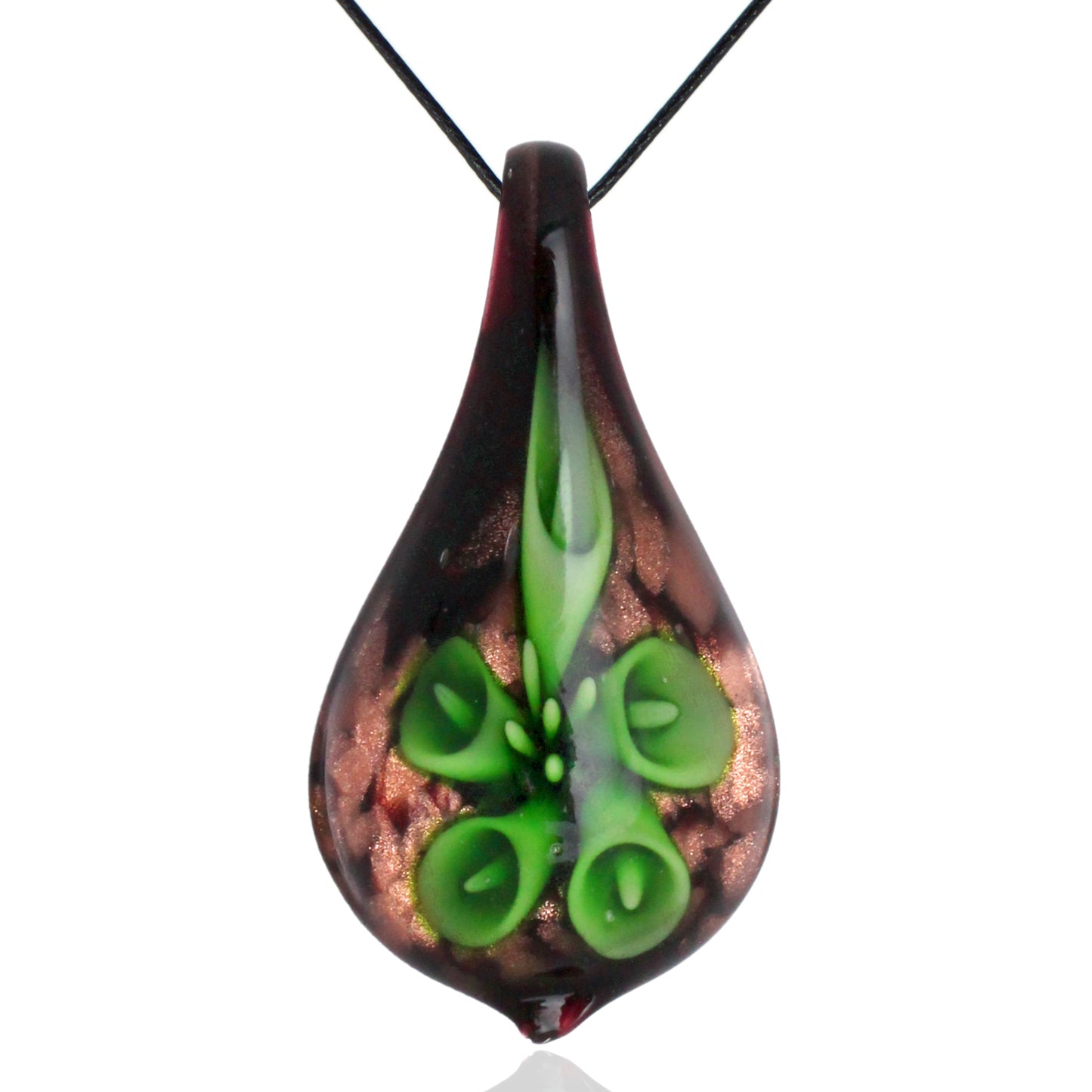 BESHEEK Handmade Murano Inspired Blown Glass Lampwork Art Black and Green Lily Teardrop Necklace Pendant ? Handcrafted Artisan Hypoallergenic Italian Style Jewelry
